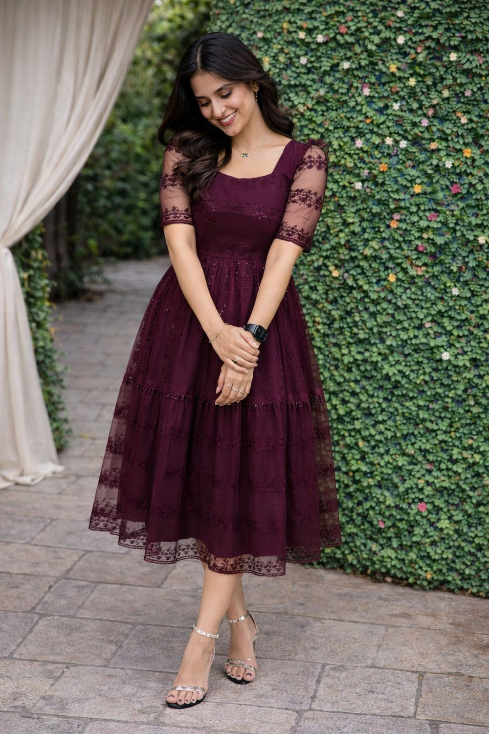 Image of Tantukriti Women Fit and Flare Maroon Midi /Calf Length Dress