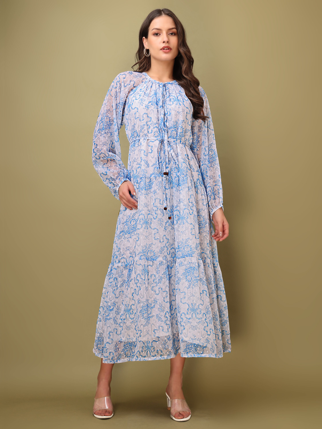 Image of PURVAJA Women Tiered Blue, White Midi /Calf Length Dress