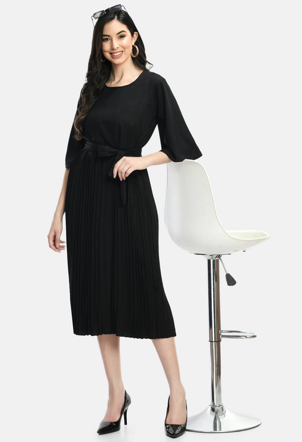 HOC's Women Pleated Black Midi/Calf Length Dress