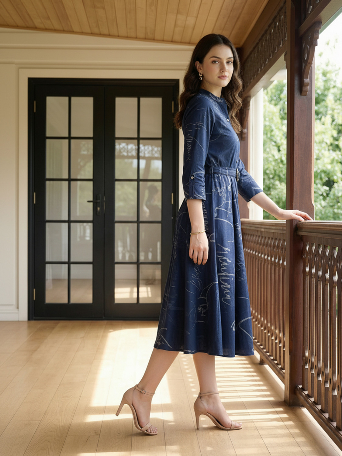 Image of ZUMMER Women Fit and Flare Blue Below Knee Dress