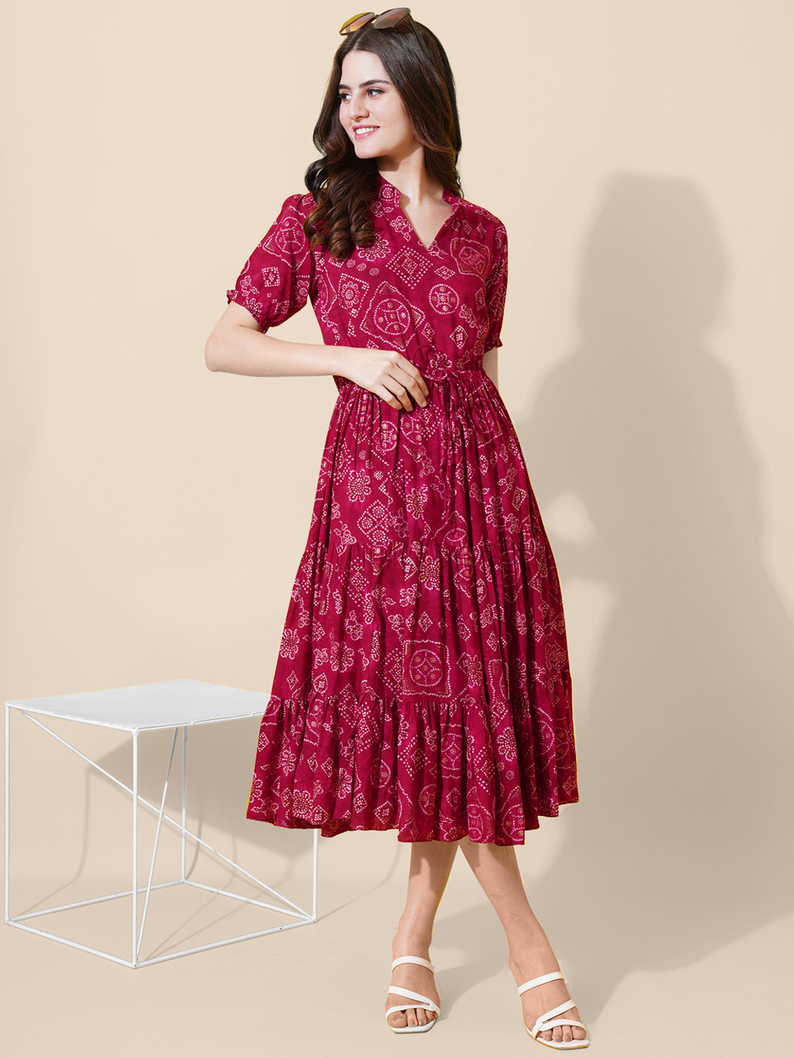 Image of flowervelly Women A-line Pink Below Knee Dress
