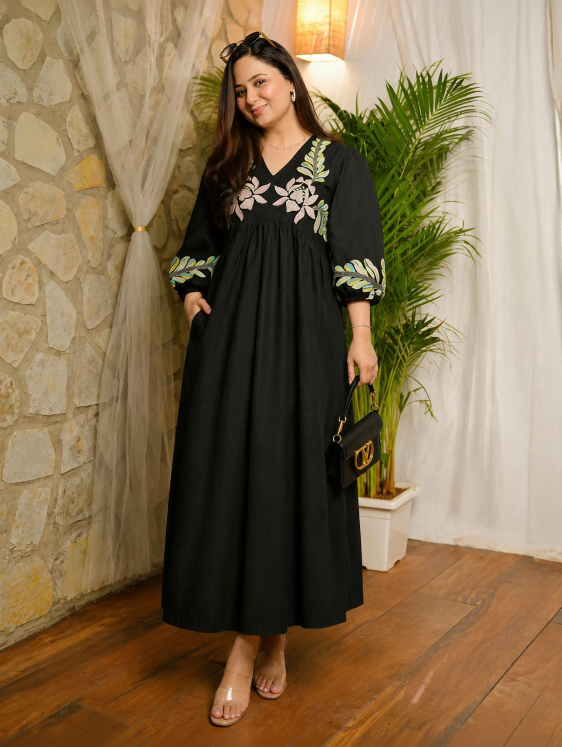 Onixino Women A-line Black Maxi/Full Length Dress