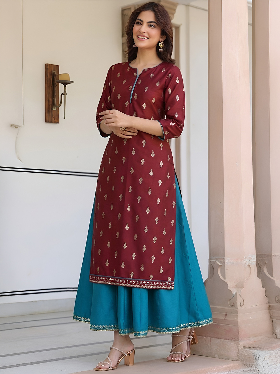 Image of Janasya Women Ethnic Dress Maroon Ankle Length Dress