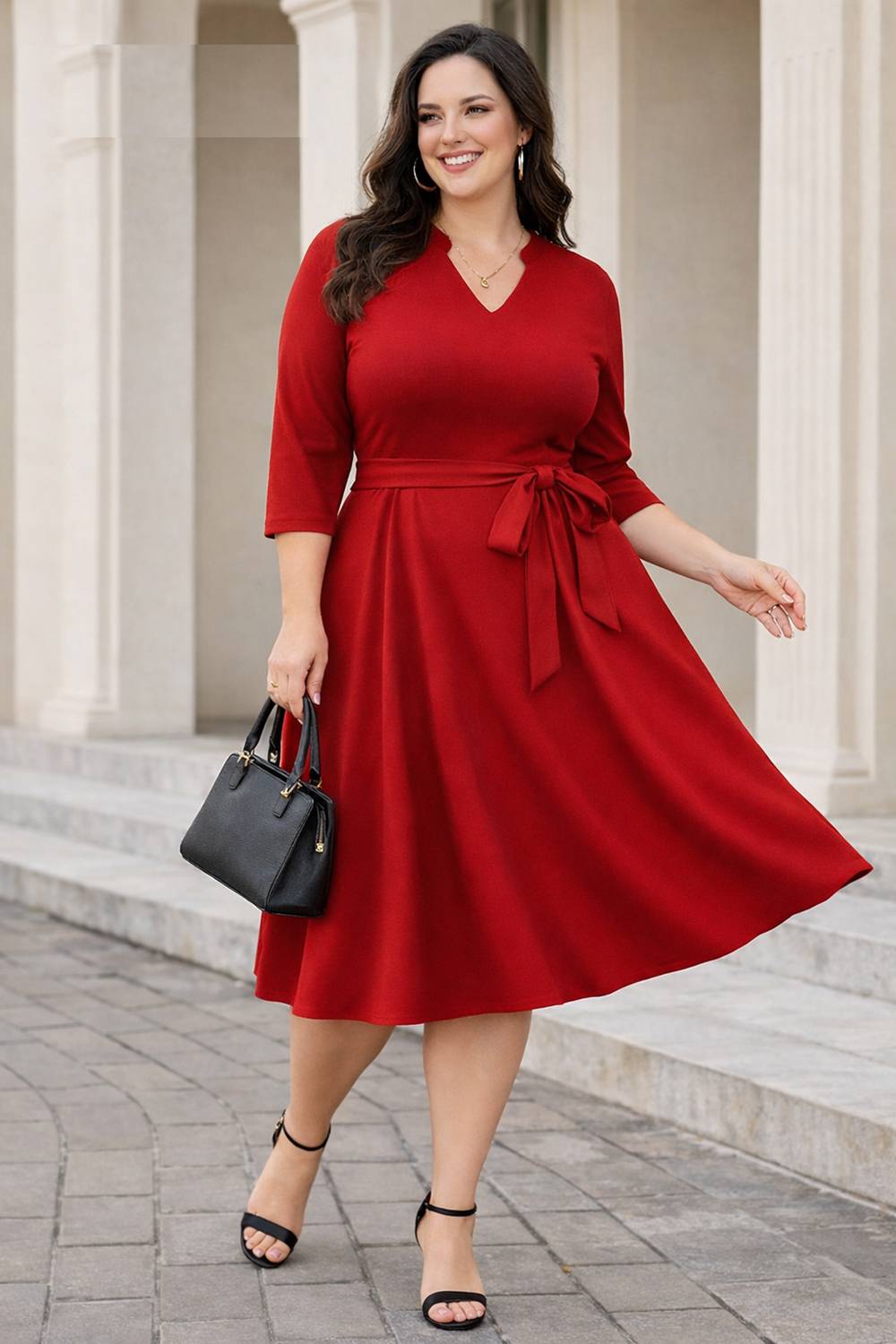 AMEEZA Women Fit and Flare Red Knee Length Dress