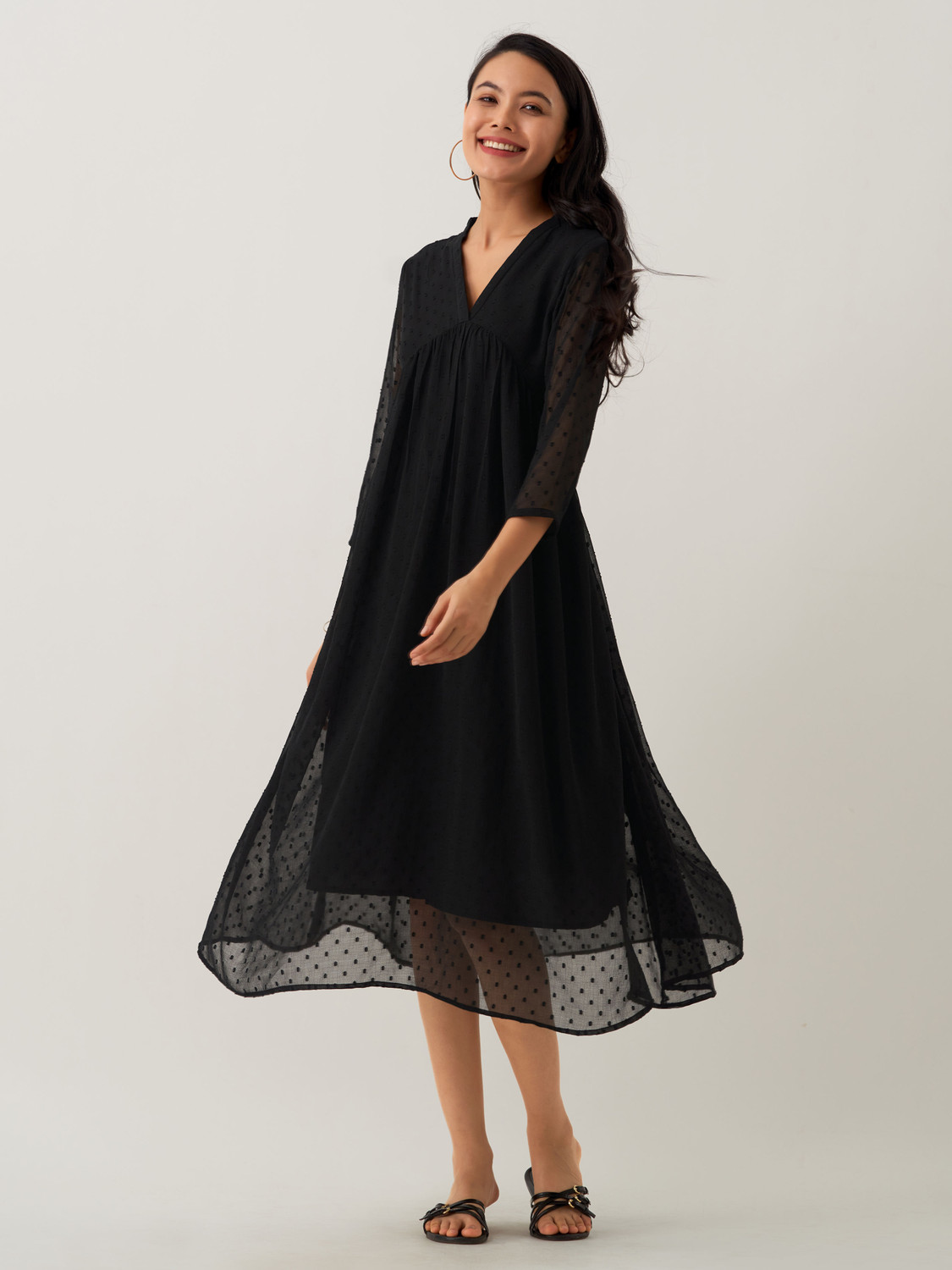 Image of AASK Women Fit and Flare Black Midi /Calf Length Dress