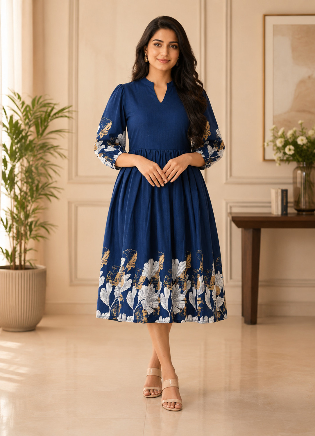 RIBNISH Women Fit and Flare Multicolor Midi/Calf Length Dress