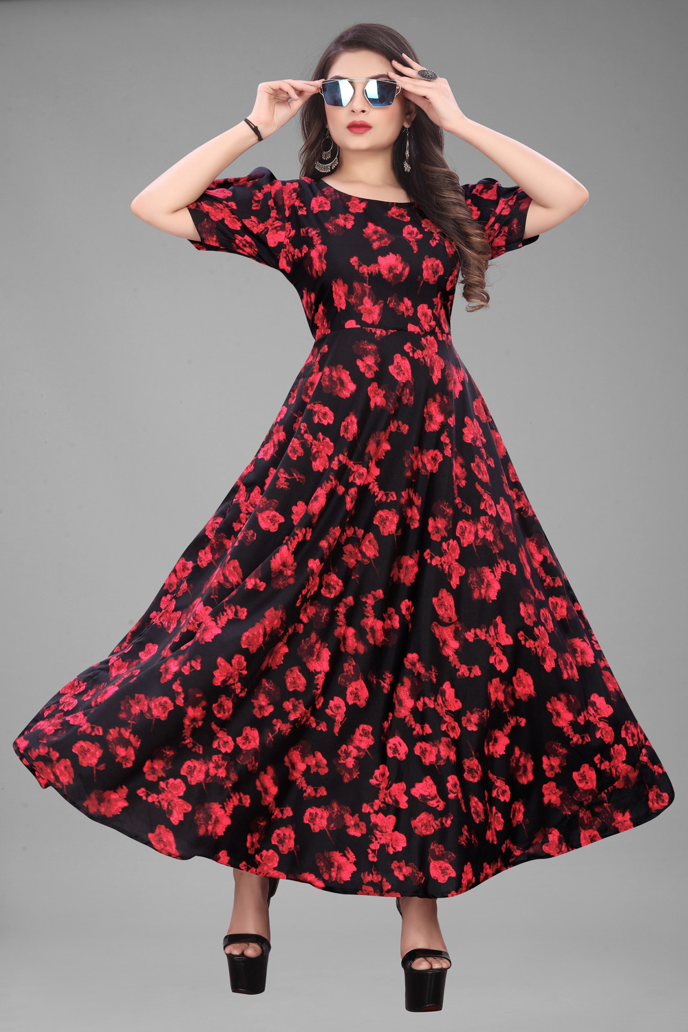 Image of Qena Women Maxi Red, Black Full Length Dress