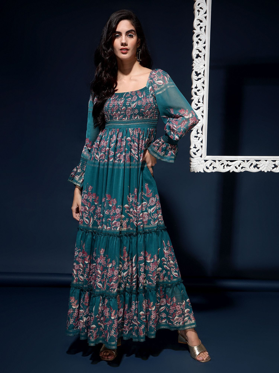 Image of HouseOfCommon Women Fit and Flare Green Maxi /Full Length Dress