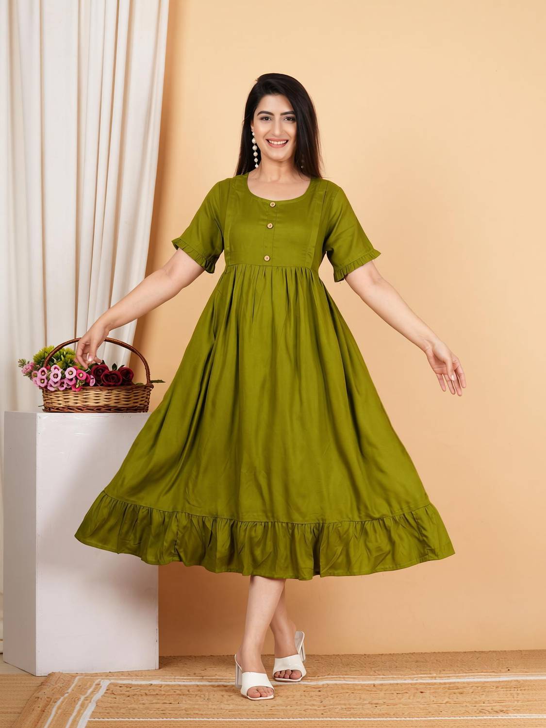 amaya creative center Women Fit and Flare Green Midi/Calf Length Dress
