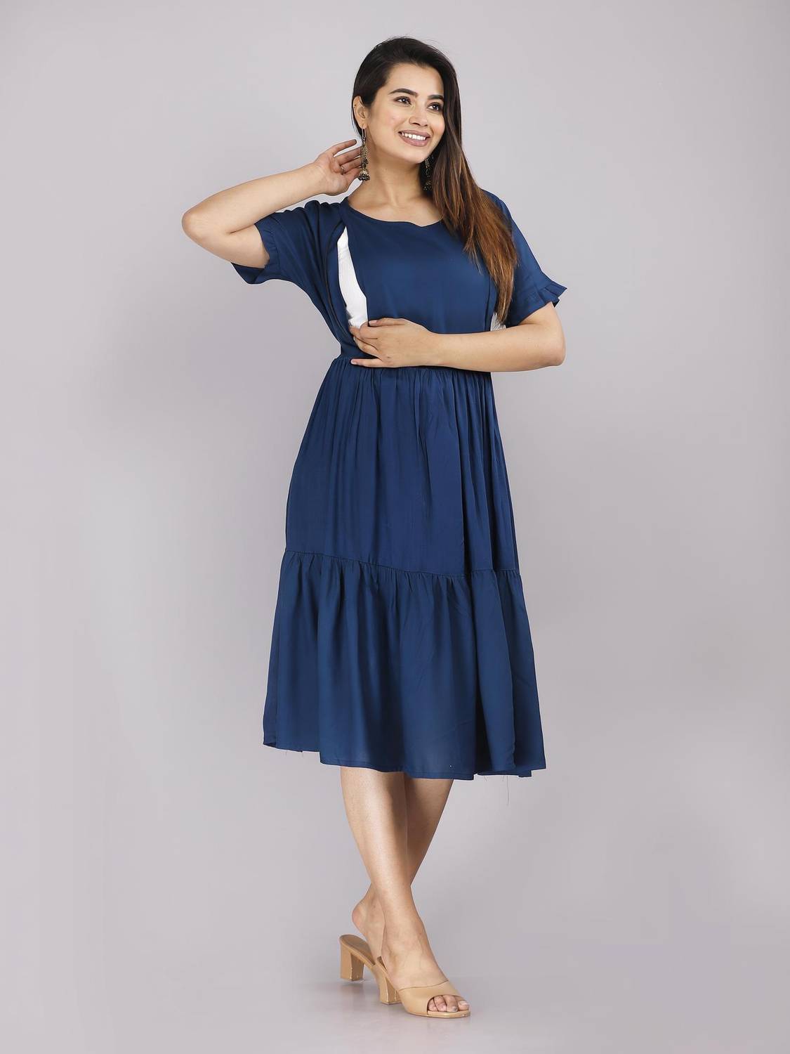 amaya creative center Women Gathered Blue Midi/Calf Length Dress