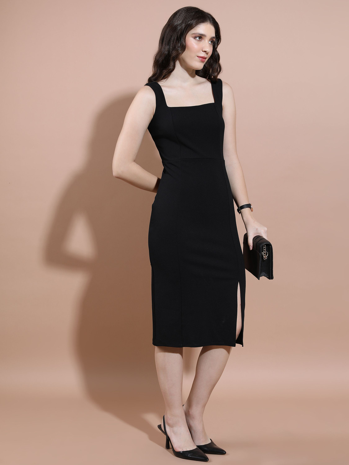 Image of Tokyo Talkies Women Bodycon Black Knee Length Dress