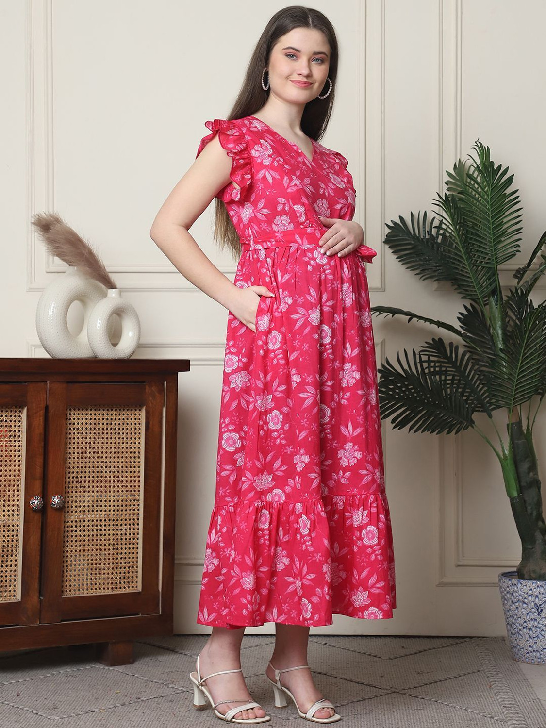 Image of FREMPY Women Fit and Flare Pink Midi /Calf Length Dress