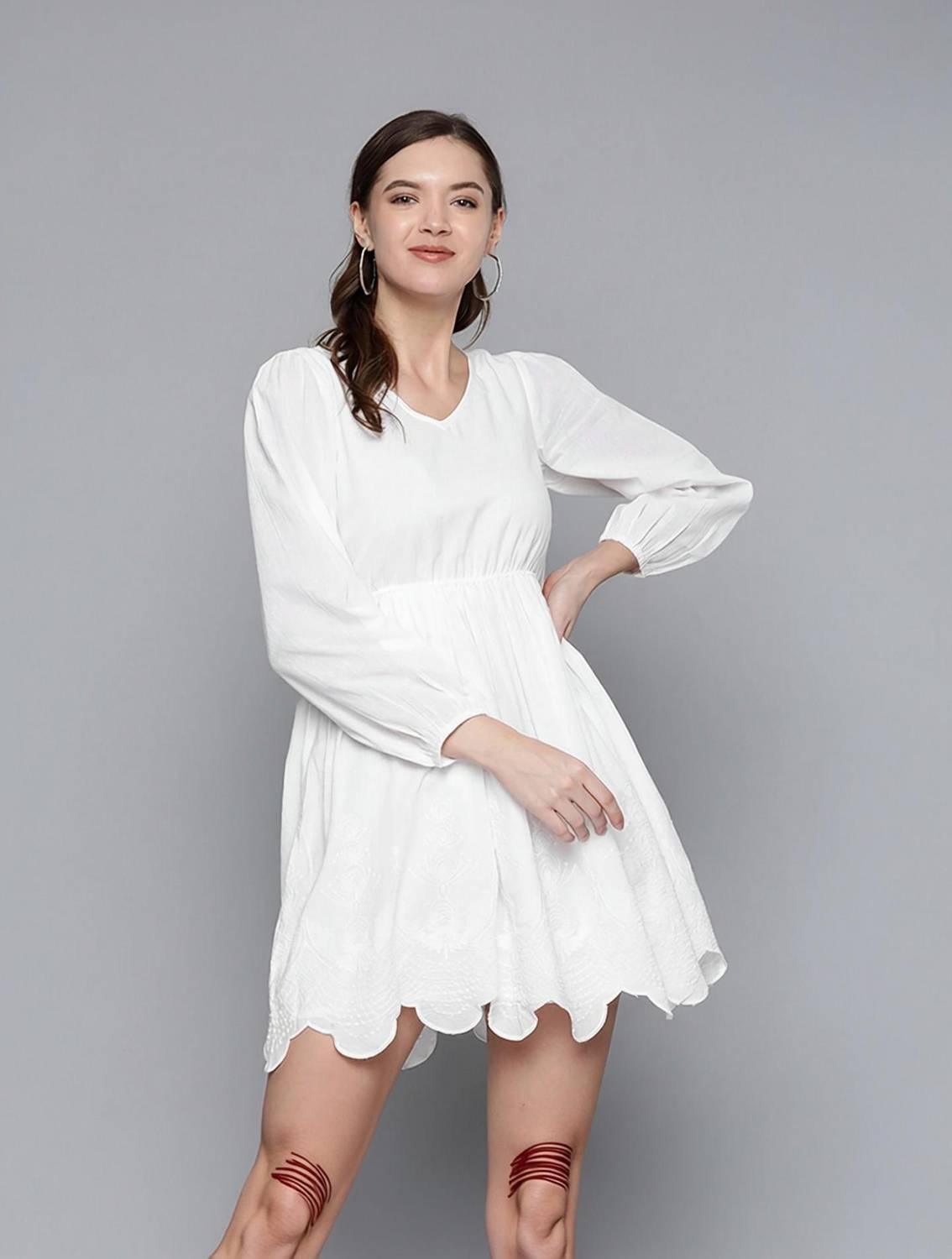 SASSAFRAS Women Skater White Above Knee/Mid Thigh Length Dress