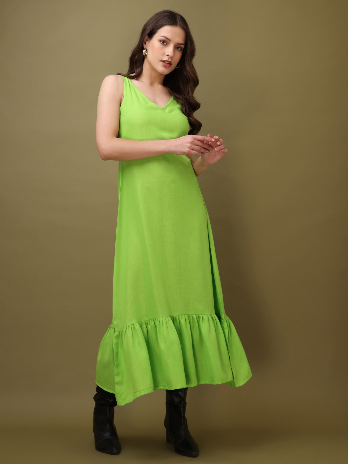 Image of PURVAJA Women A-line Green Midi /Calf Length Dress