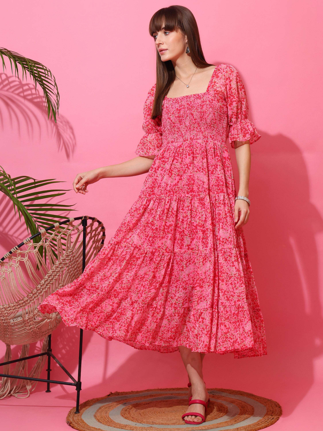Image of Honky Tonky Women Fit and Flare Pink, Red Midi /Calf Length Dress