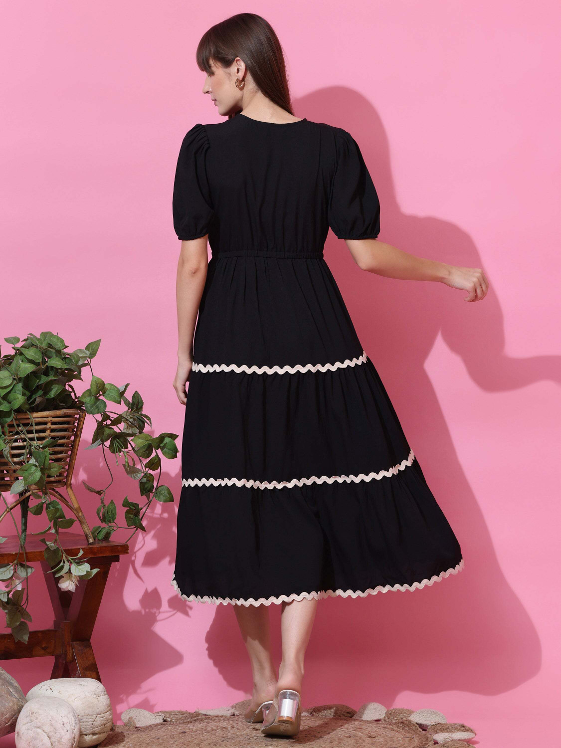 Image of Honky Tonky Women Fit and Flare Black Midi /Calf Length Dress