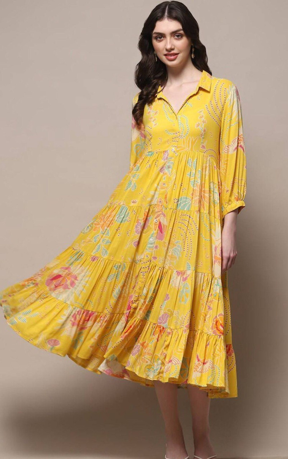 Image of CLOTHCLICK Women Fit and Flare Yellow Midi /Calf Length Dress