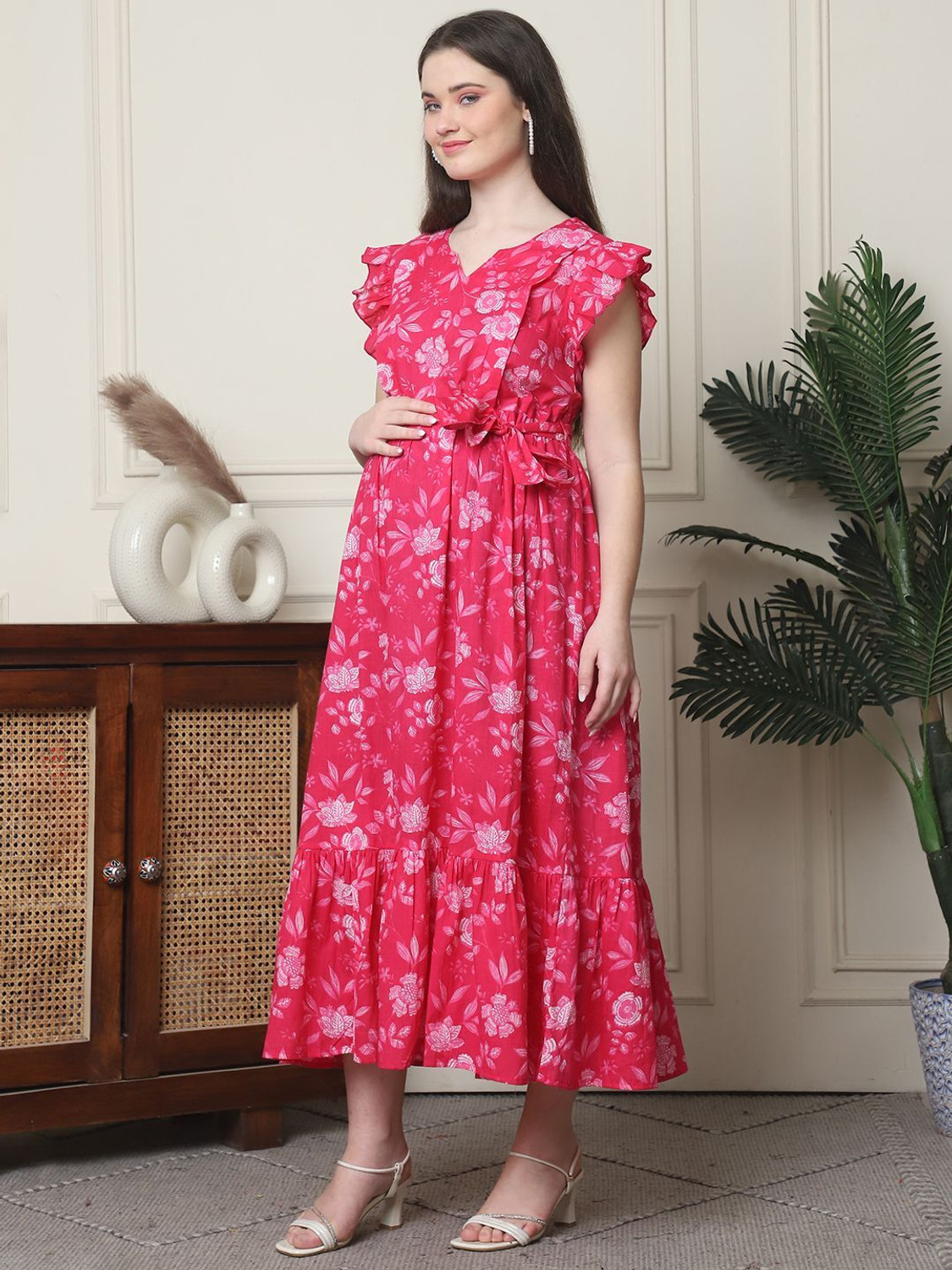 Image of FREMPY Women Fit and Flare Pink Midi /Calf Length Dress