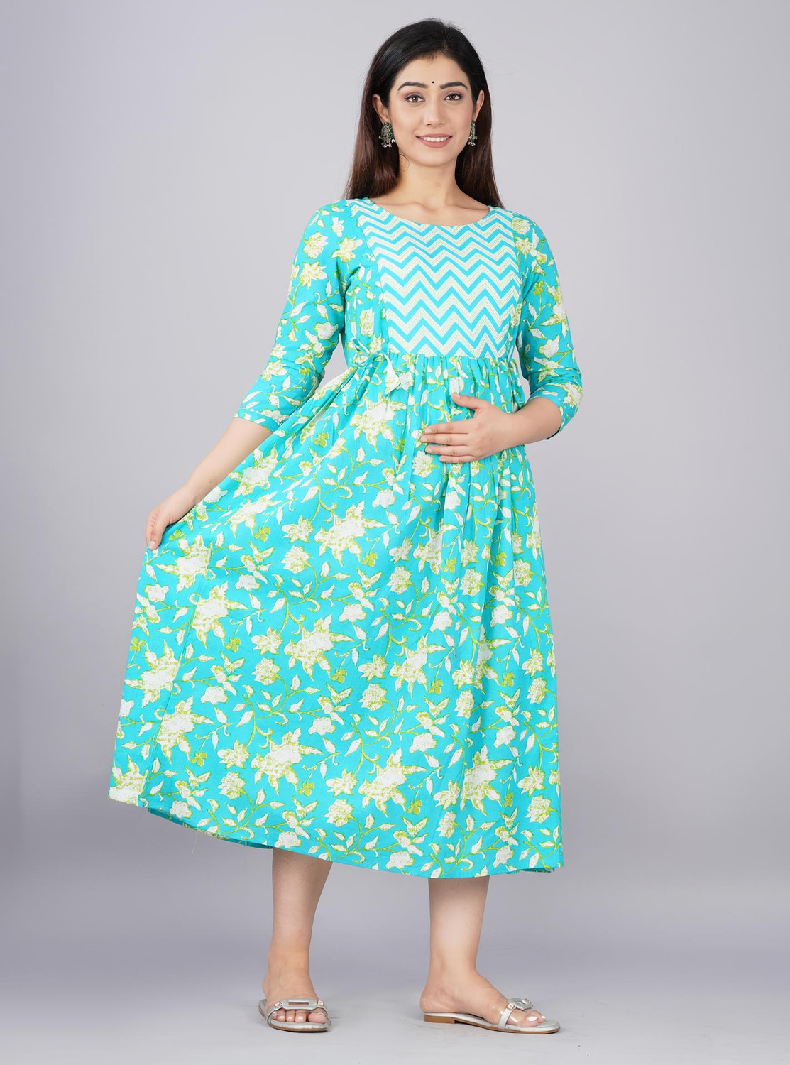 Image of ARKAVYA Women Fit and Flare Light Green Midi /Calf Length Dress