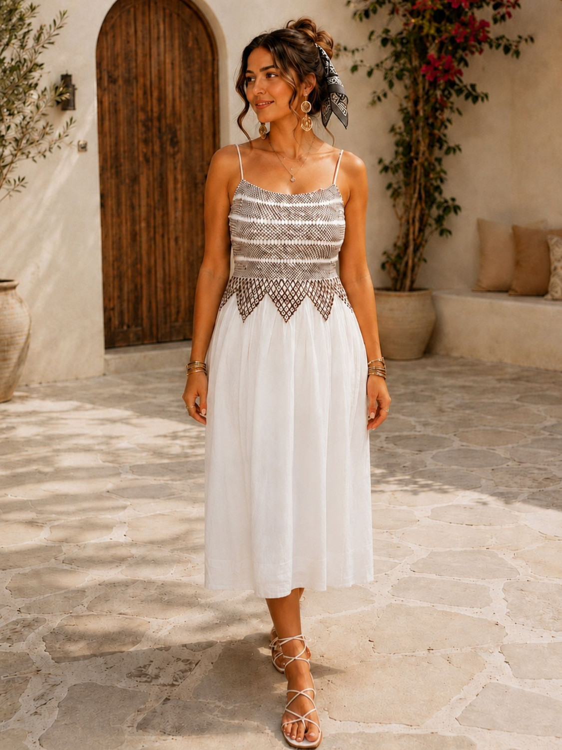 Image of NUEVOSDAMAS Women Fit and Flare White, Brown Midi /Calf Length Dress