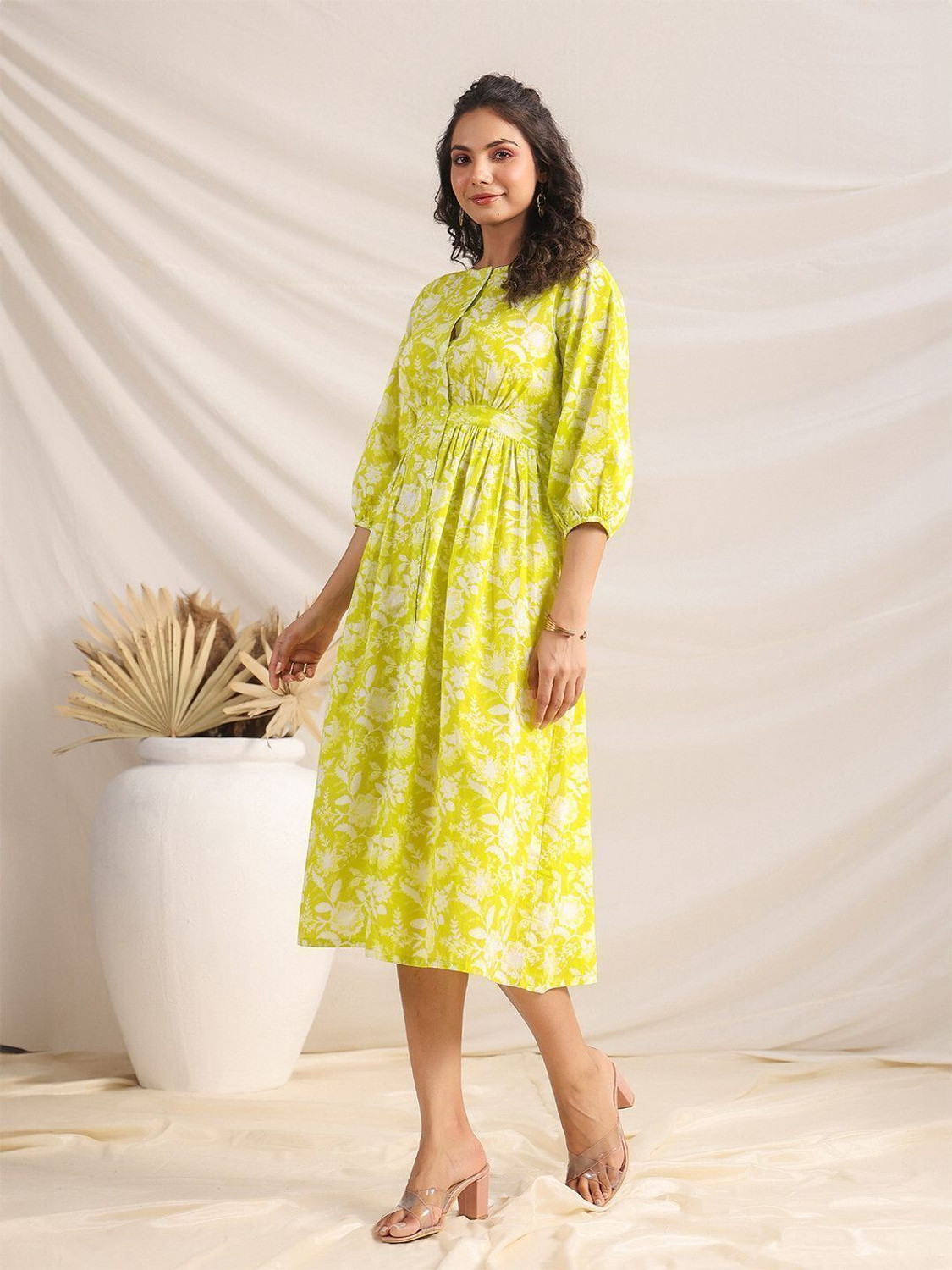 Image of Janasya Women Gathered Multicolor Midi /Calf Length Dress