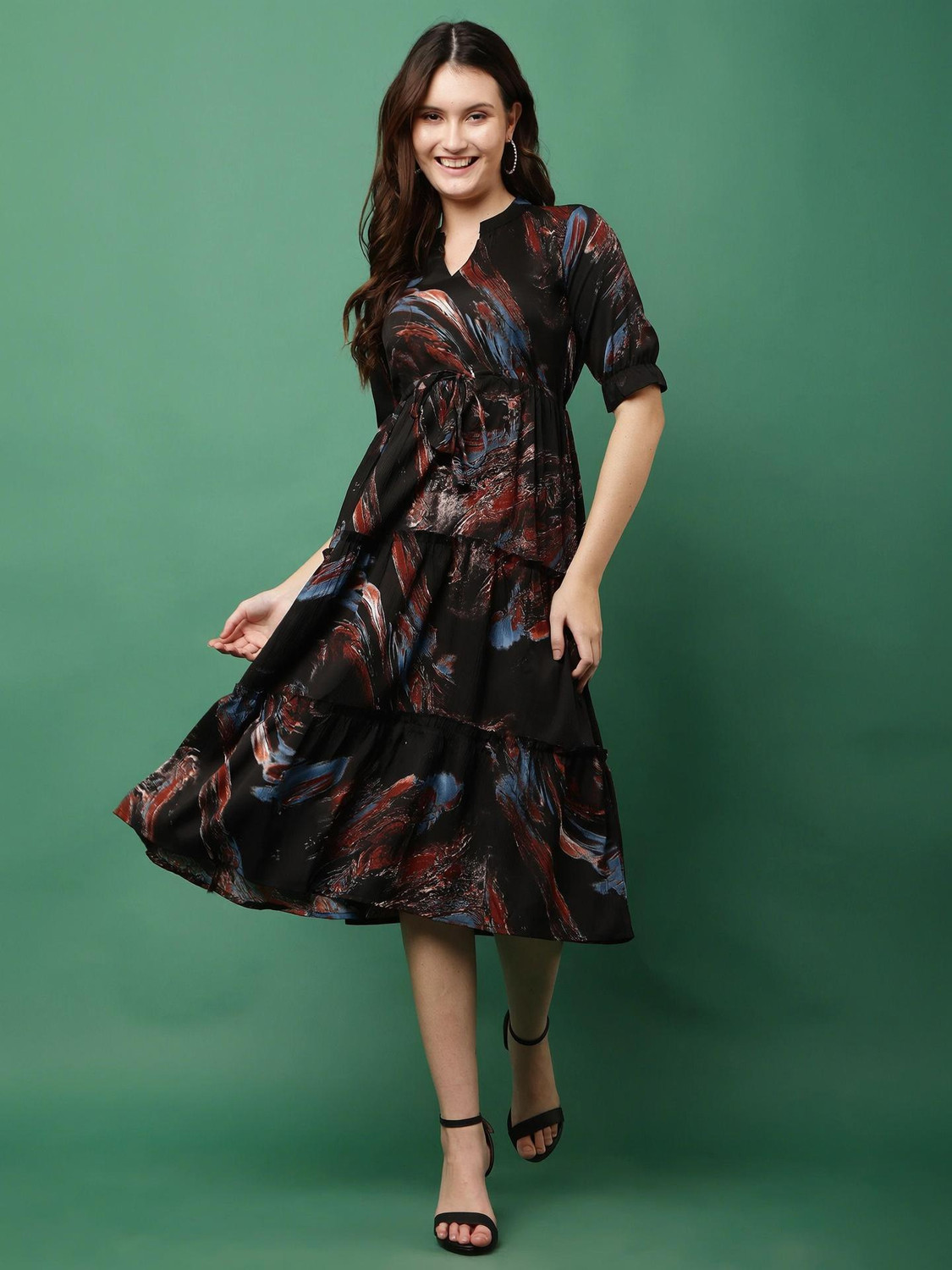 Image of JustHer Women Fit and Flare Black, Blue Midi /Calf Length Dress