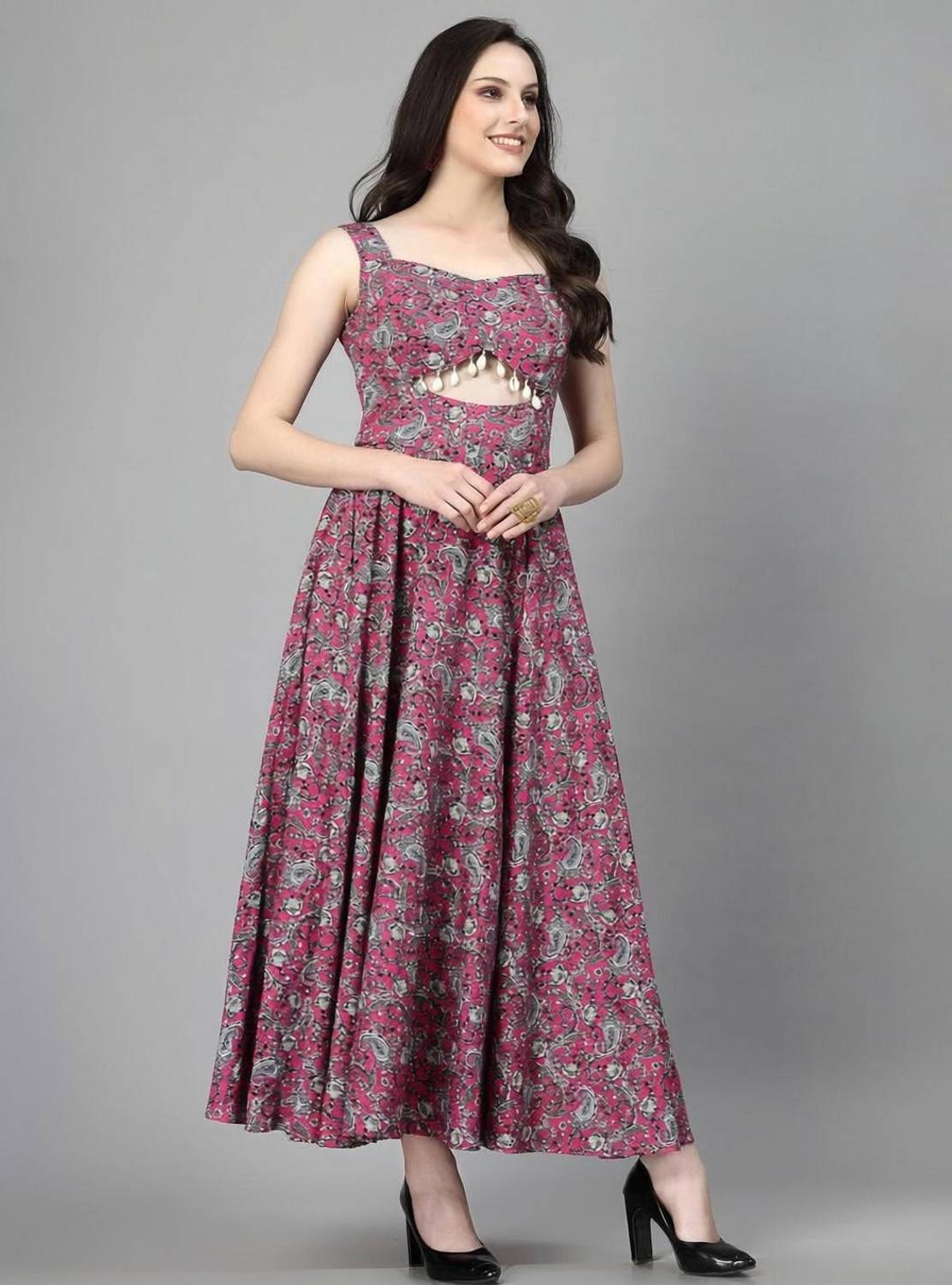 yuvicretion Women Fit and Flare Pink Maxi/Full Length Dress