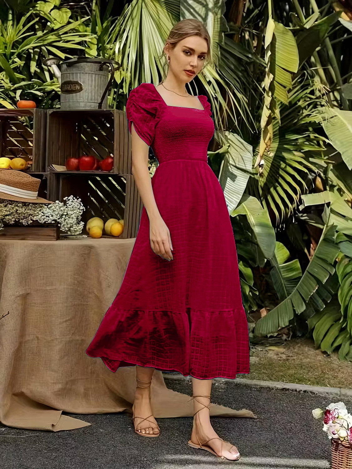 Image of EMERYLA Women Fit and Flare Maroon Midi /Calf Length Dress