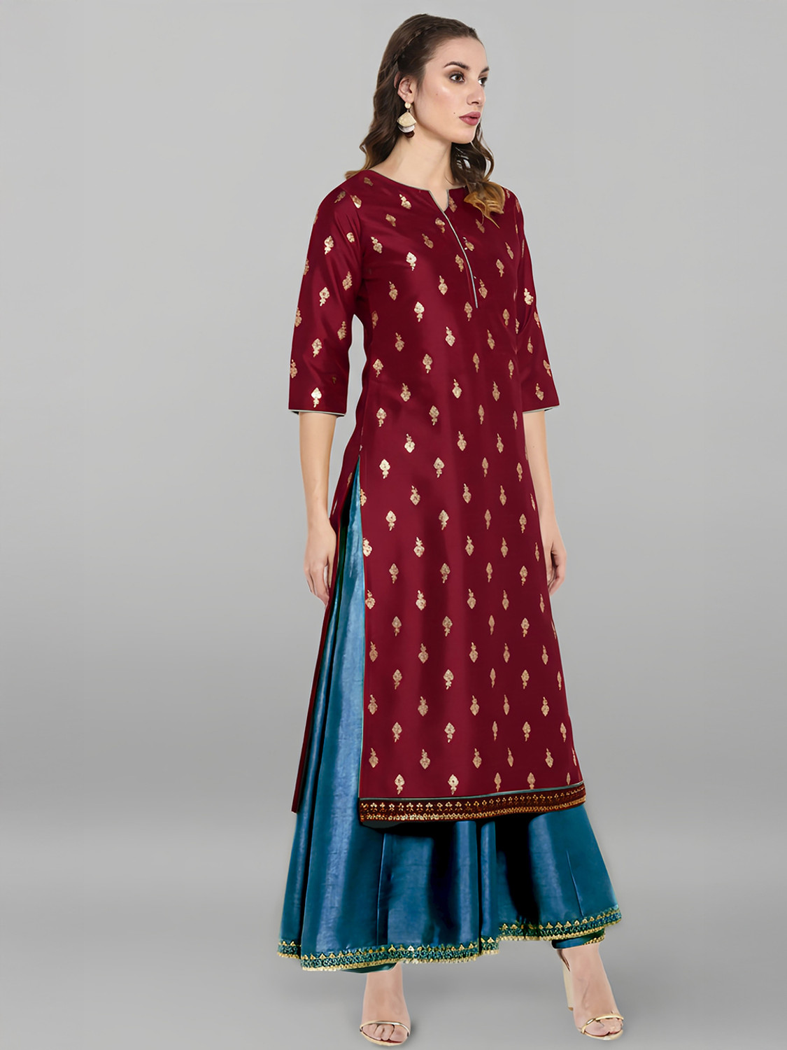 Image of Janasya Women A-line Maroon Midi /Calf Length Dress