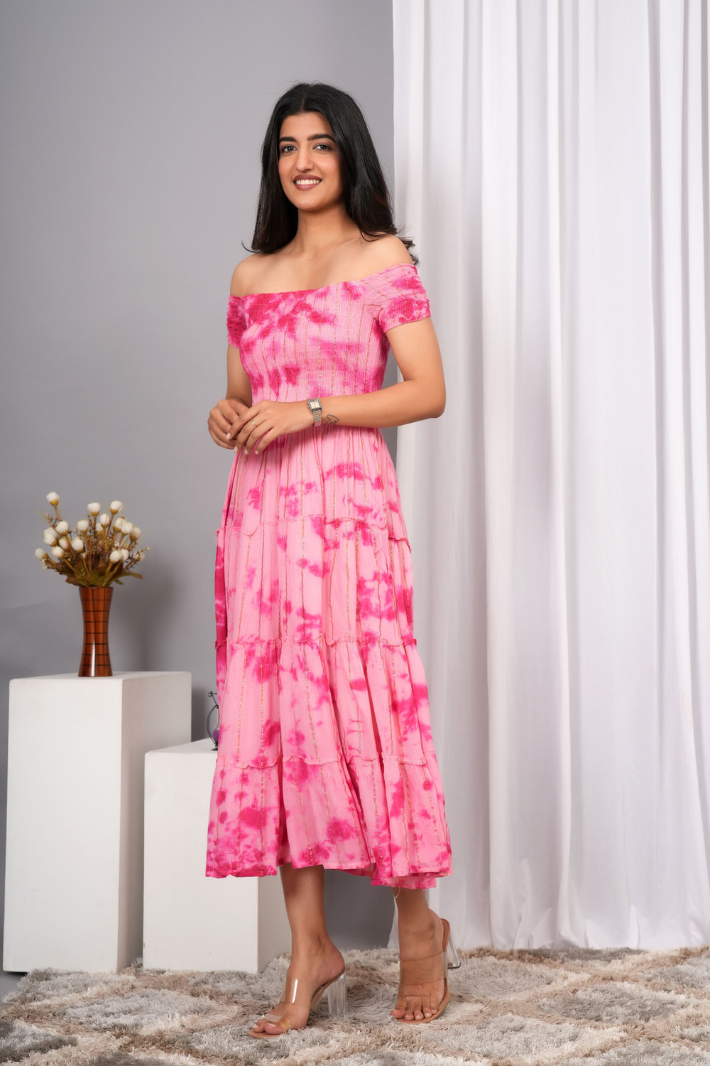 Image of VYMO Women Fit and Flare Pink Midi /Calf Length Dress