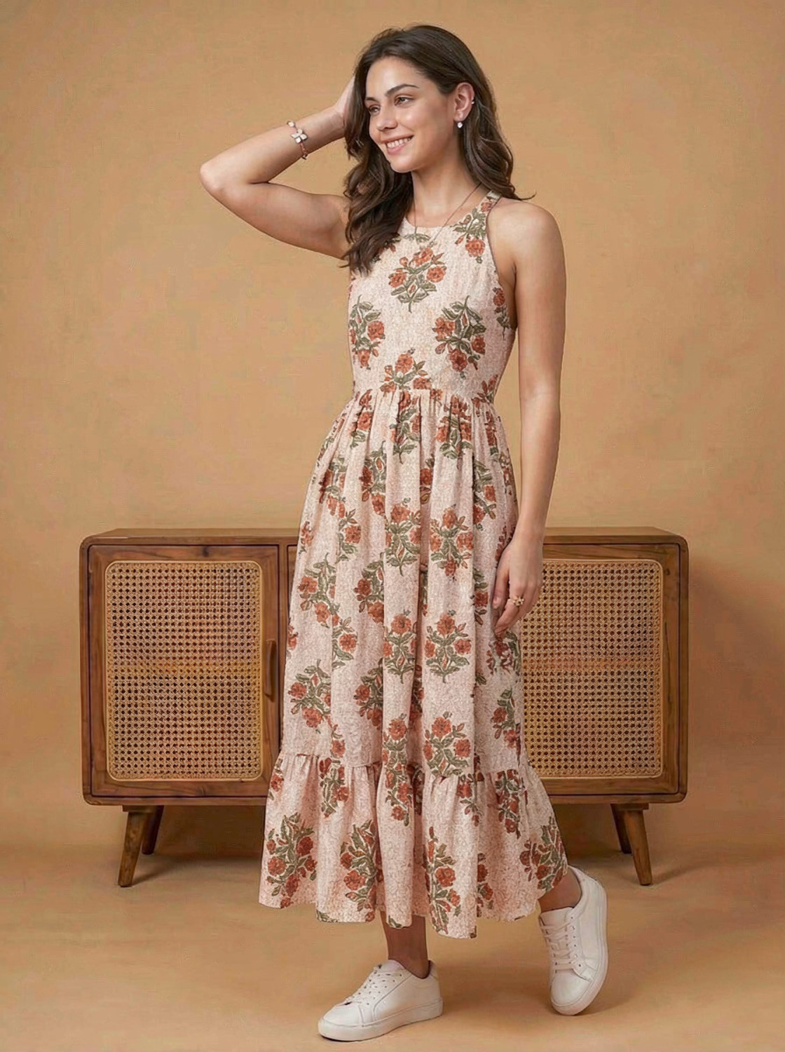 Image of PURSHOTTAM WALA Women Fit and Flare Orange Maxi /Full Length Dress
