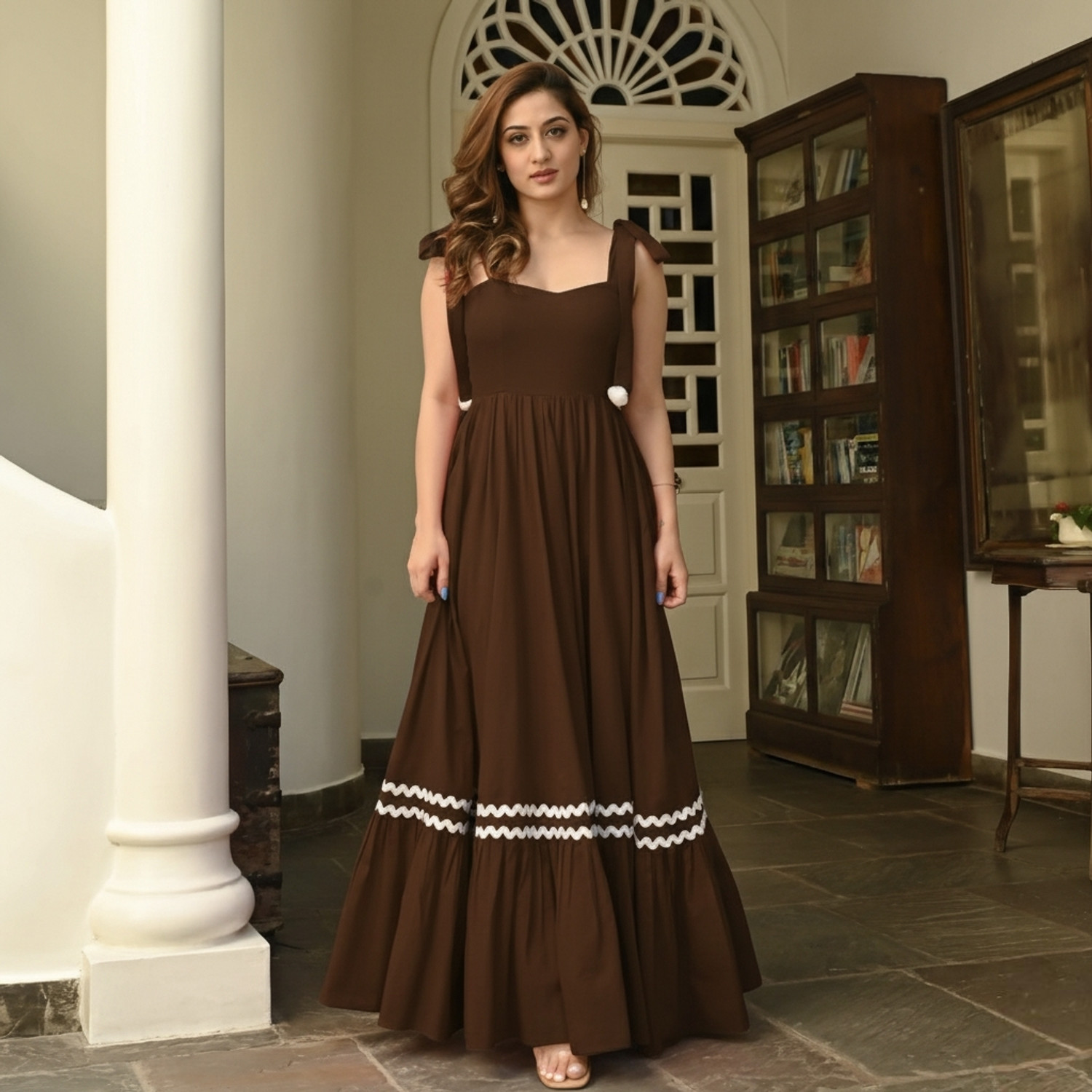 Image of SARTAZ Women Fit and Flare Brown Below Knee Dress