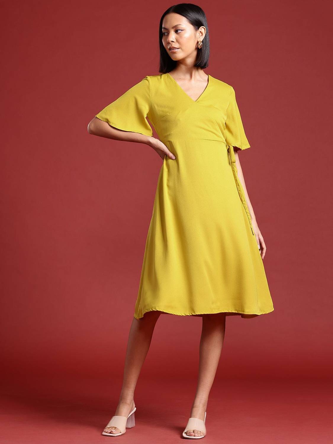 all about you Women Wrap Yellow Midi/Calf Length Dress