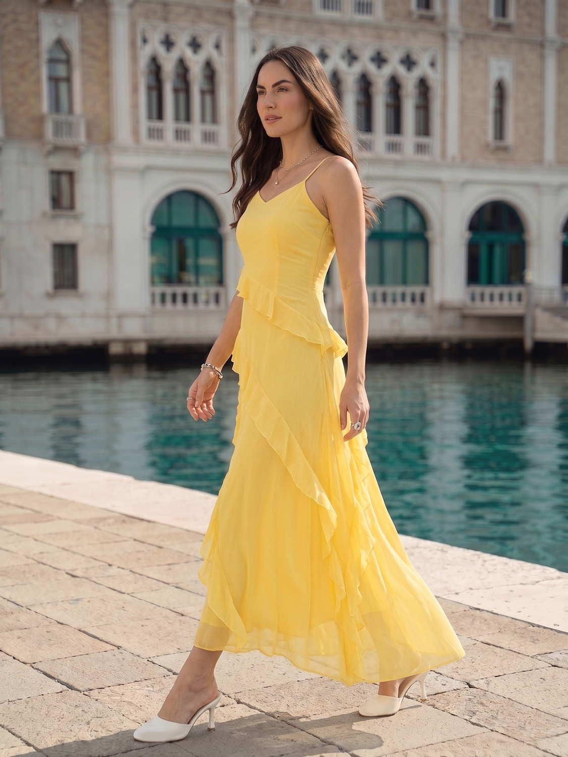 Image of AAYU Women Layered Yellow Maxi /Full Length Dress