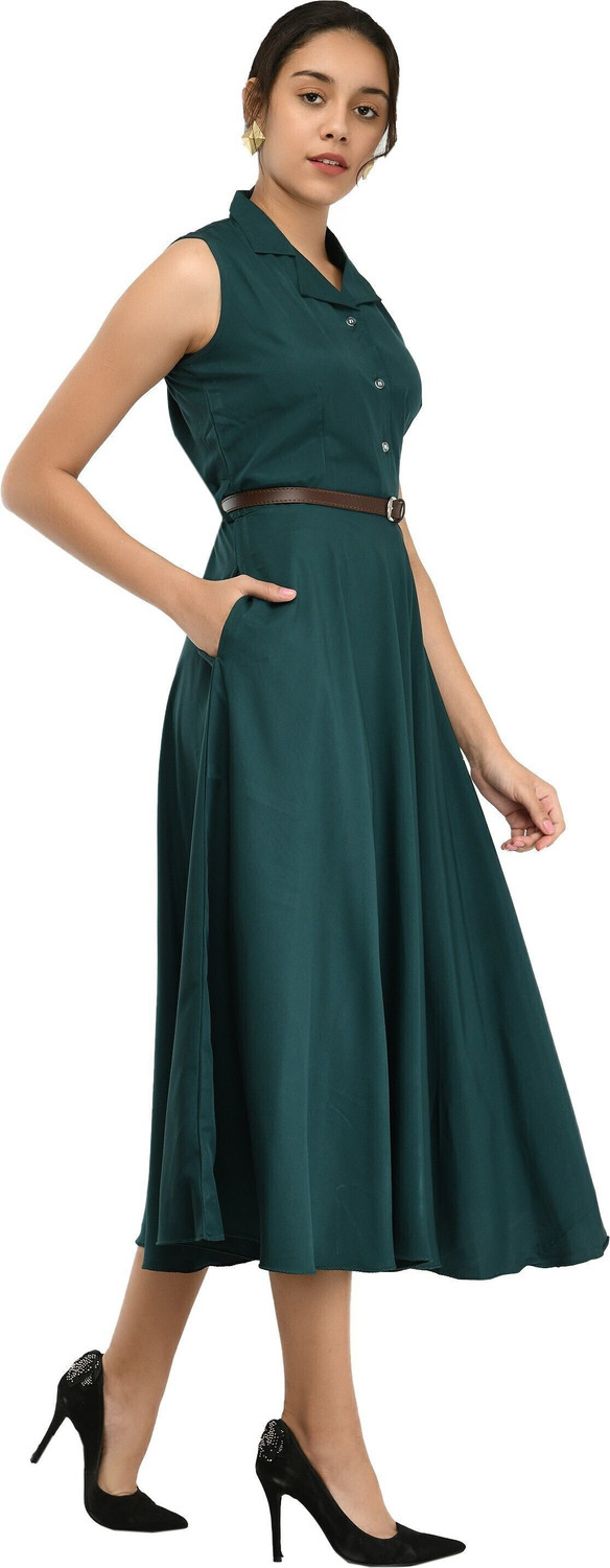 Image of Rudraaksha Women Fit and Flare Green Below Knee Dress With Mask