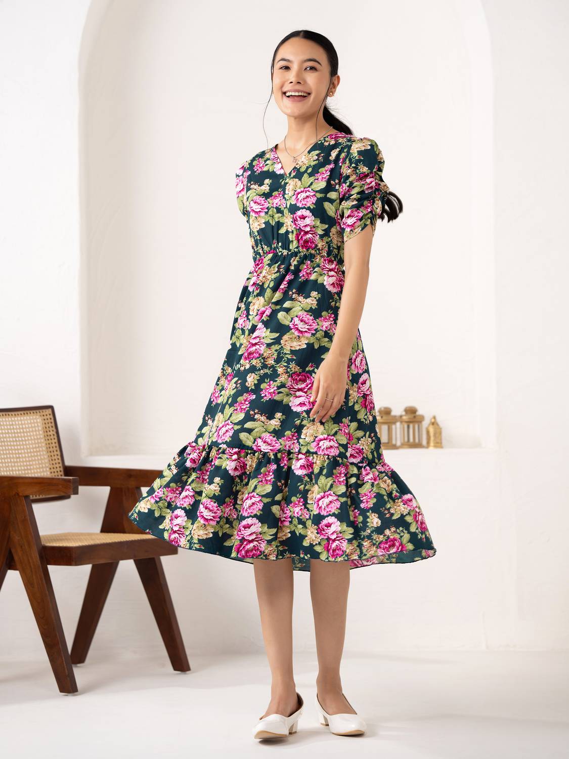 AASK Women Fit and Flare Multicolor Below Knee Dress