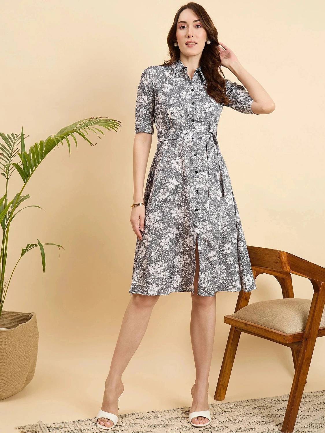 AA-HA! Women Fit and Flare Grey, White Knee Length Dress