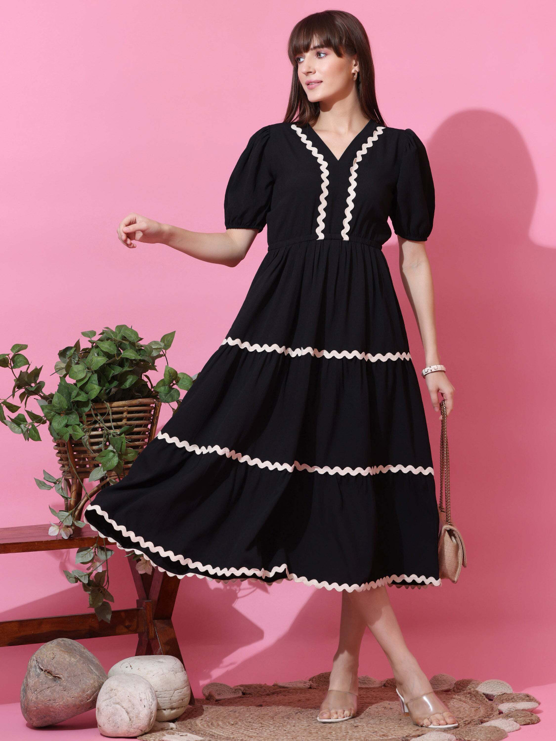 Image of Honky Tonky Women Fit and Flare Black Midi /Calf Length Dress