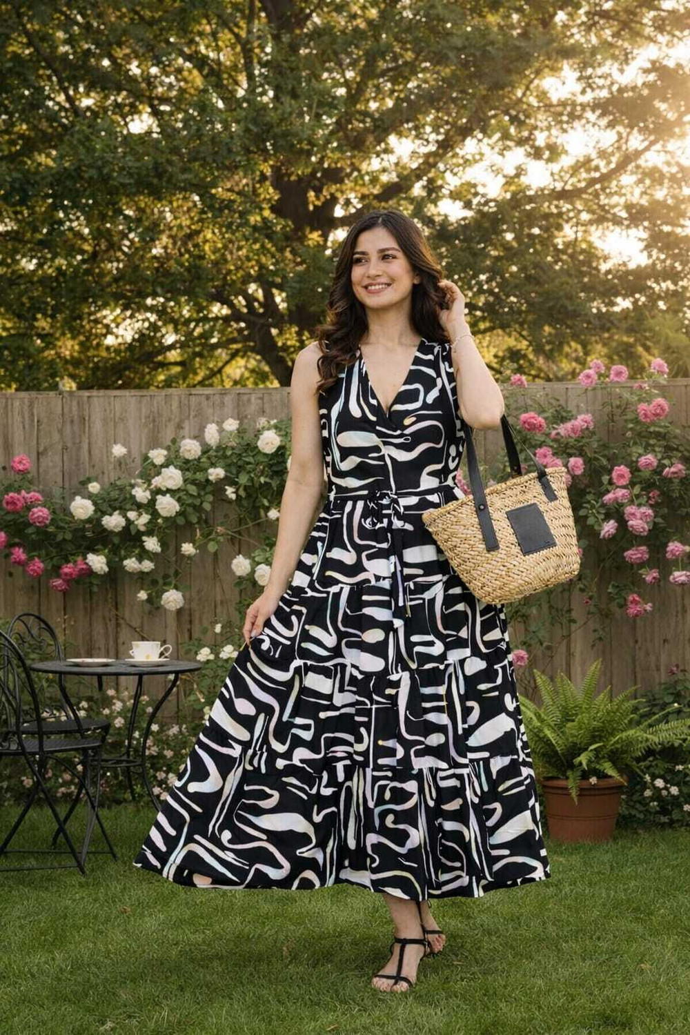 Image of TRIBALOOK Women Maxi Black, White Full Length Dress
