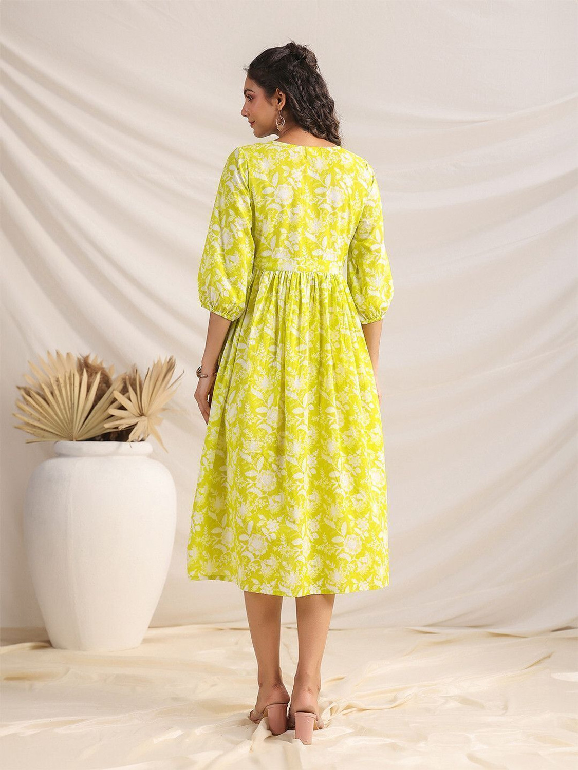 Image of Janasya Women Gathered Multicolor Midi /Calf Length Dress