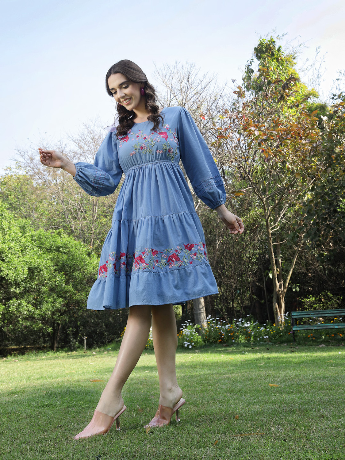 Image of Stylum Women Fit and Flare Blue Knee Length Dress