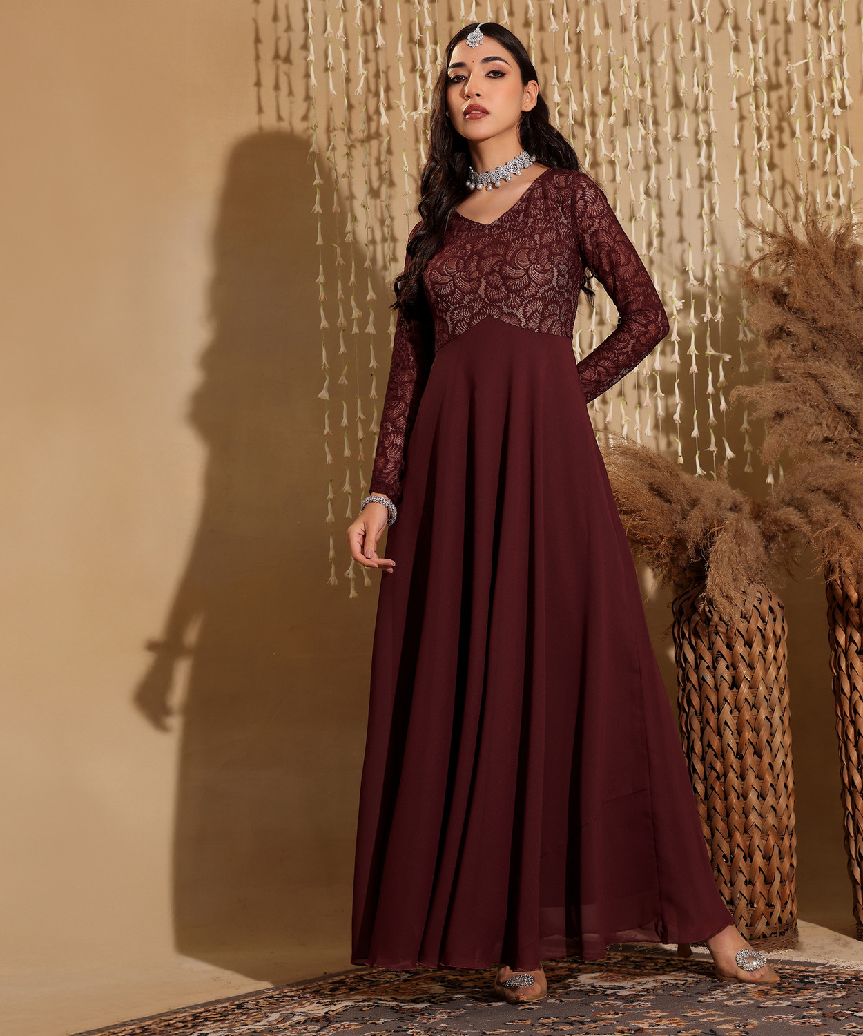 Image of Miss Chase Women Fit and Flare Maroon Maxi /Full Length Dress