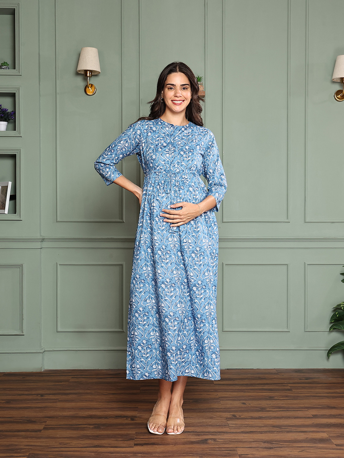 Image of MomToBe Women Fit and Flare Blue Midi /Calf Length Dress