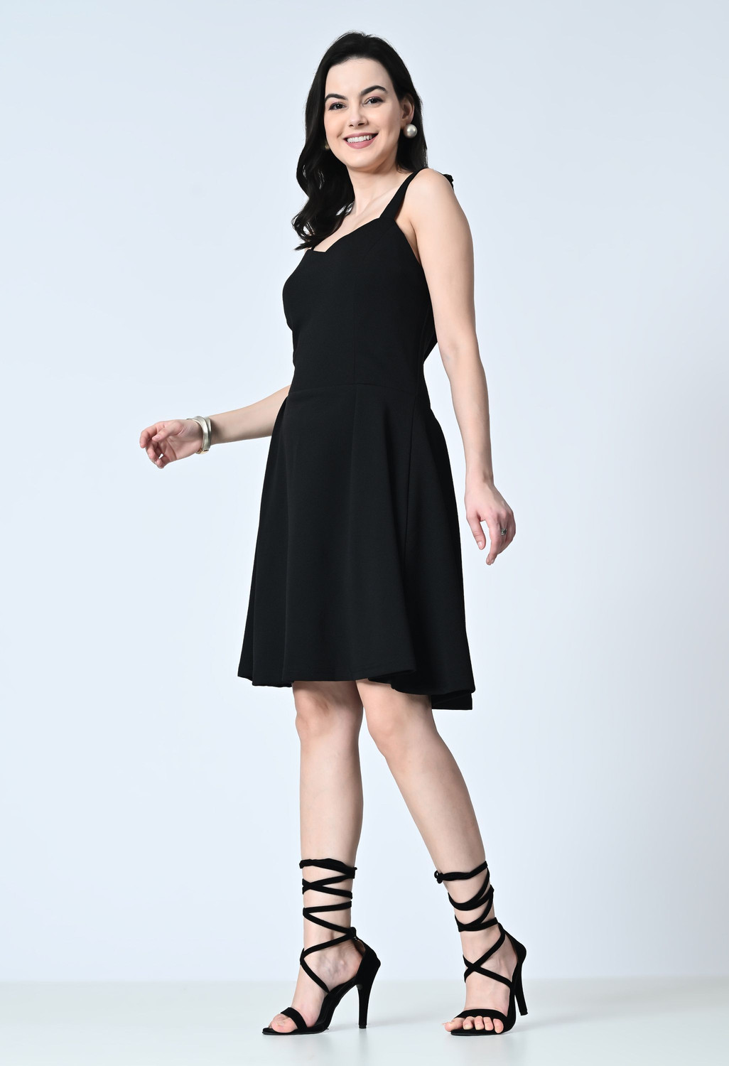 Image of OWL MINK Women Fit and Flare Black Knee Length Dress