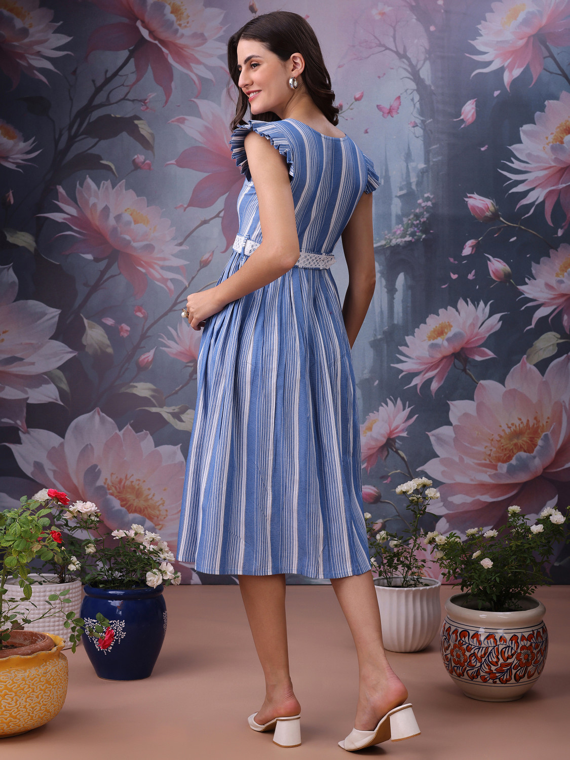 Image of Yanamora Women Fit and Flare Light Blue Midi /Calf Length Dress