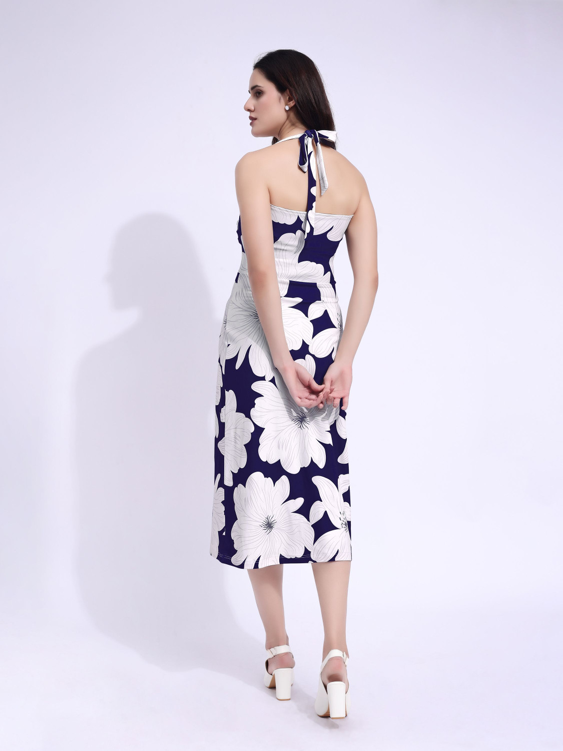 Image of PURVAJA Women A-line Dark Blue, White Midi /Calf Length Dress
