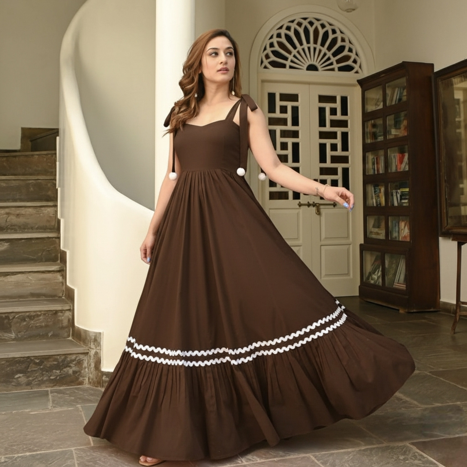 Image of SARTAZ Women Fit and Flare Brown Below Knee Dress