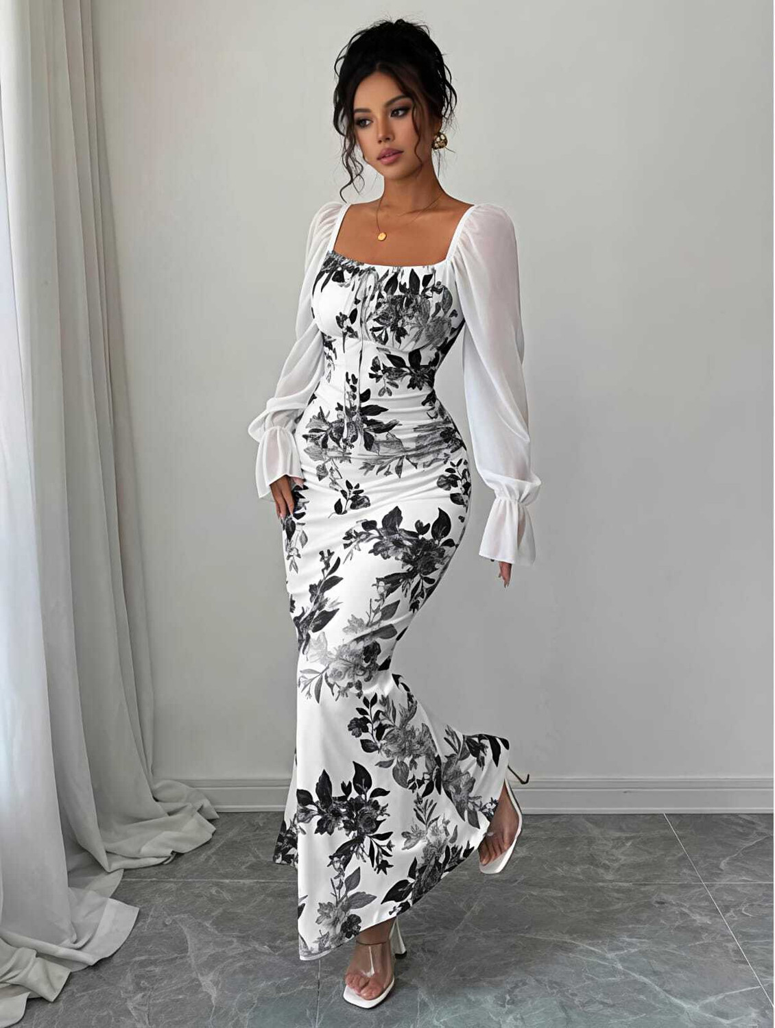 Image of MAHALAXMIJI.FASHION Women Fit and Flare White, Black Maxi /Full Length Dress