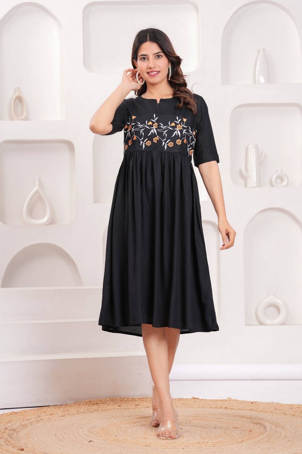 BABLIFASHION Women Fit and Flare Black Below Knee Dress