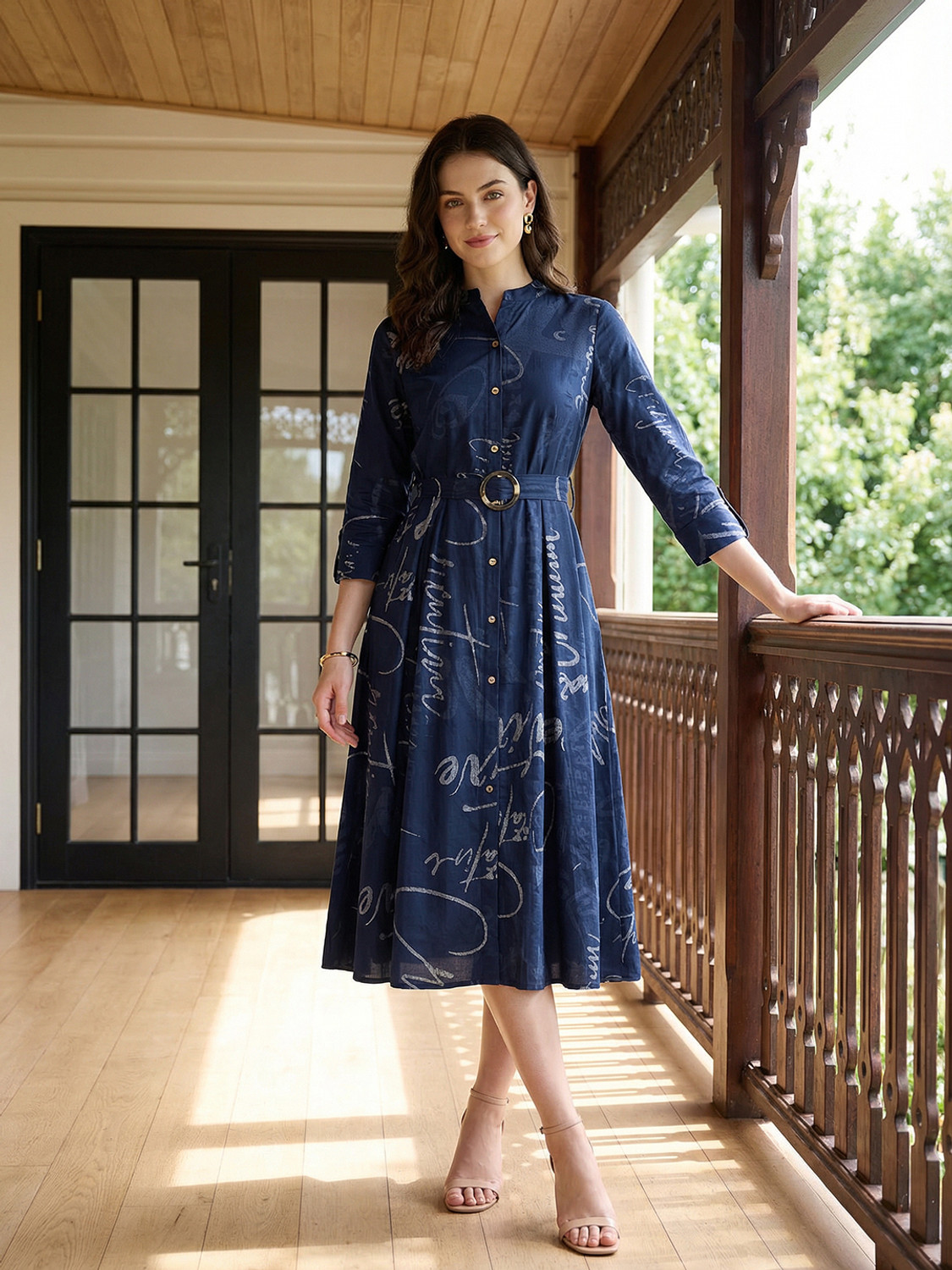 Image of ZUMMER Women Fit and Flare Blue Below Knee Dress